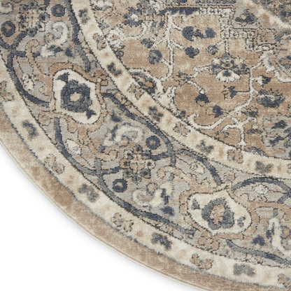 5' X 5' Beige And Grey Round Oriental Power Loom Non Skid Area Rug