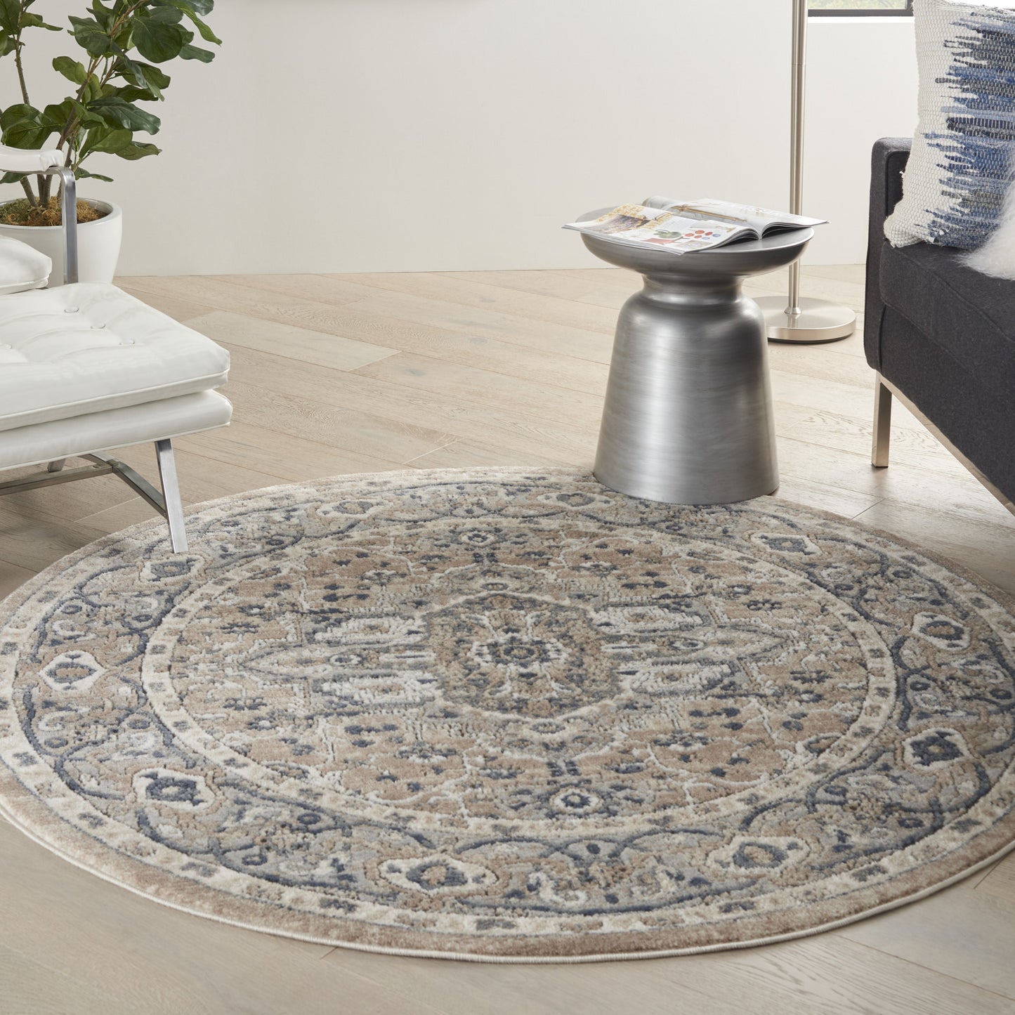 5' X 5' Beige And Grey Round Oriental Power Loom Non Skid Area Rug