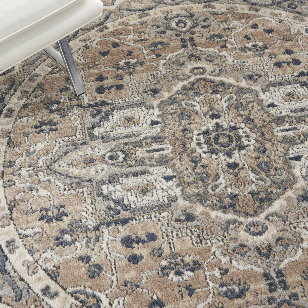 5' X 5' Beige And Grey Round Oriental Power Loom Non Skid Area Rug