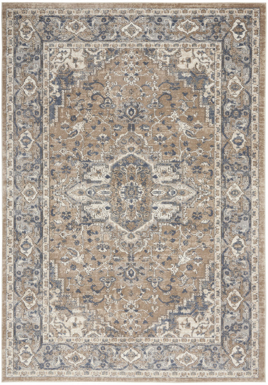 5' X 7' Beige And Grey Oriental Power Loom Non Skid Area Rug