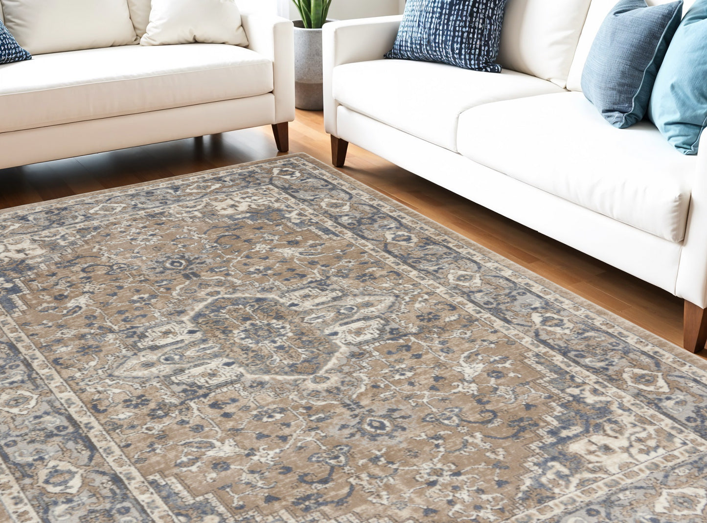 5' X 7' Beige And Grey Oriental Power Loom Non Skid Area Rug