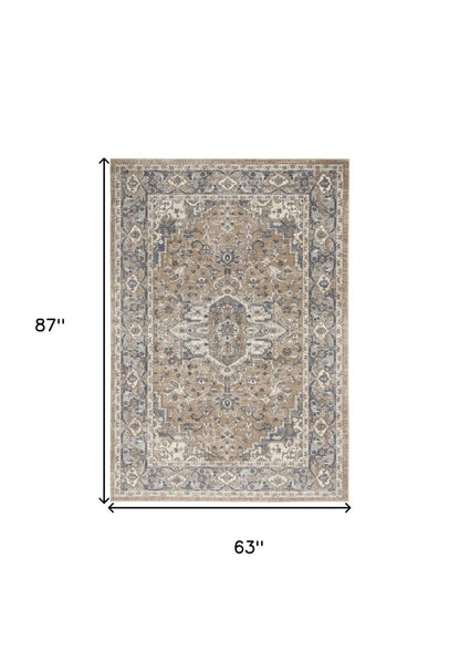 5' X 7' Beige And Grey Oriental Power Loom Non Skid Area Rug