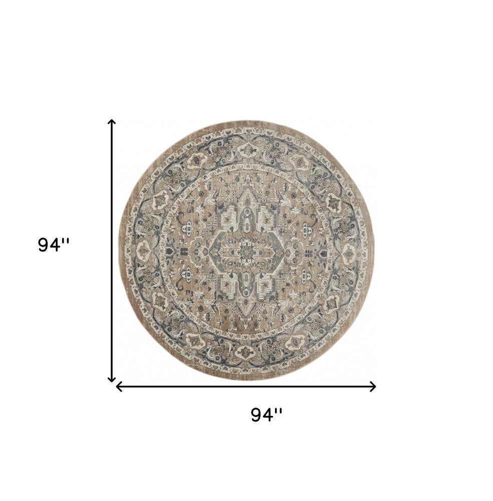 8' Beige And Ivory Oriental Distressed Round Rug