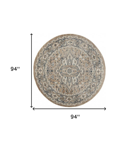 8' Beige And Ivory Oriental Distressed Round Rug
