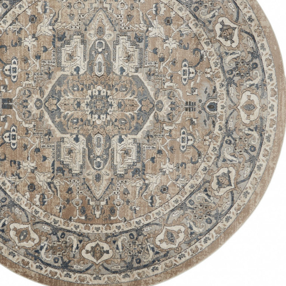 8' X 8' Beige And Grey Round Oriental Power Loom Non Skid Area Rug