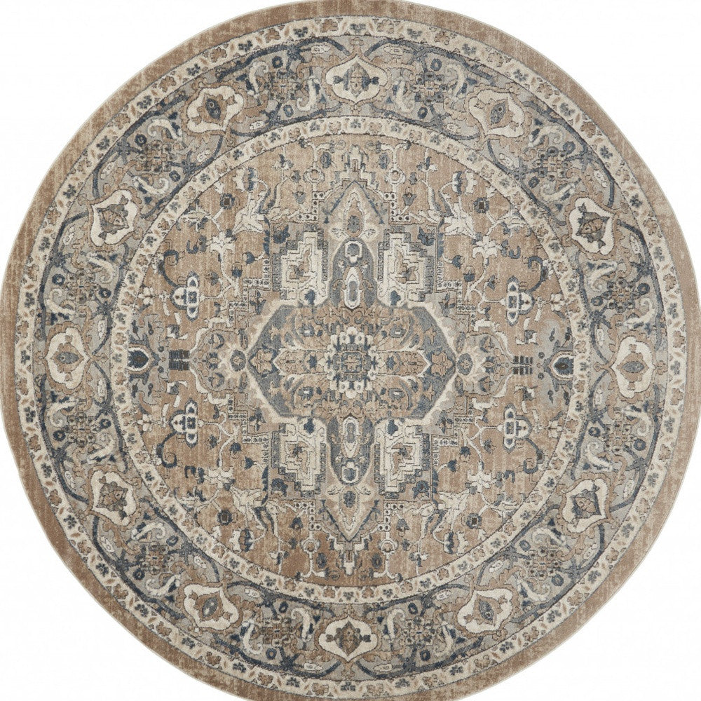 8' X 8' Beige And Grey Round Oriental Power Loom Non Skid Area Rug