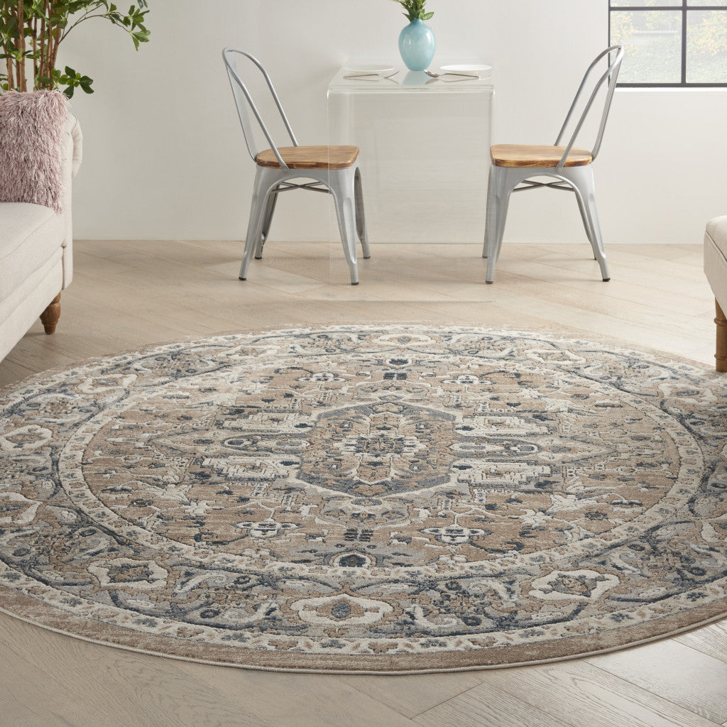 8' X 8' Beige And Grey Round Oriental Power Loom Non Skid Area Rug