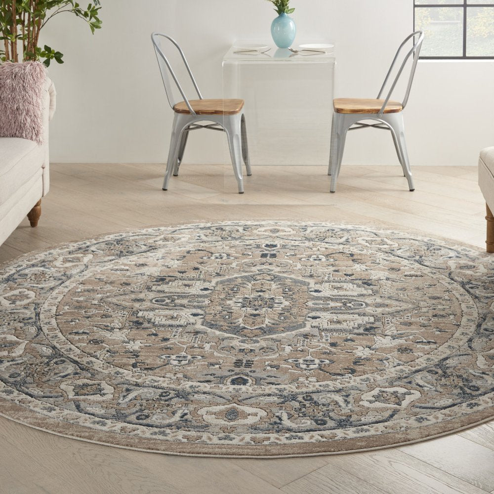 8' Beige And Ivory Oriental Distressed Round Rug