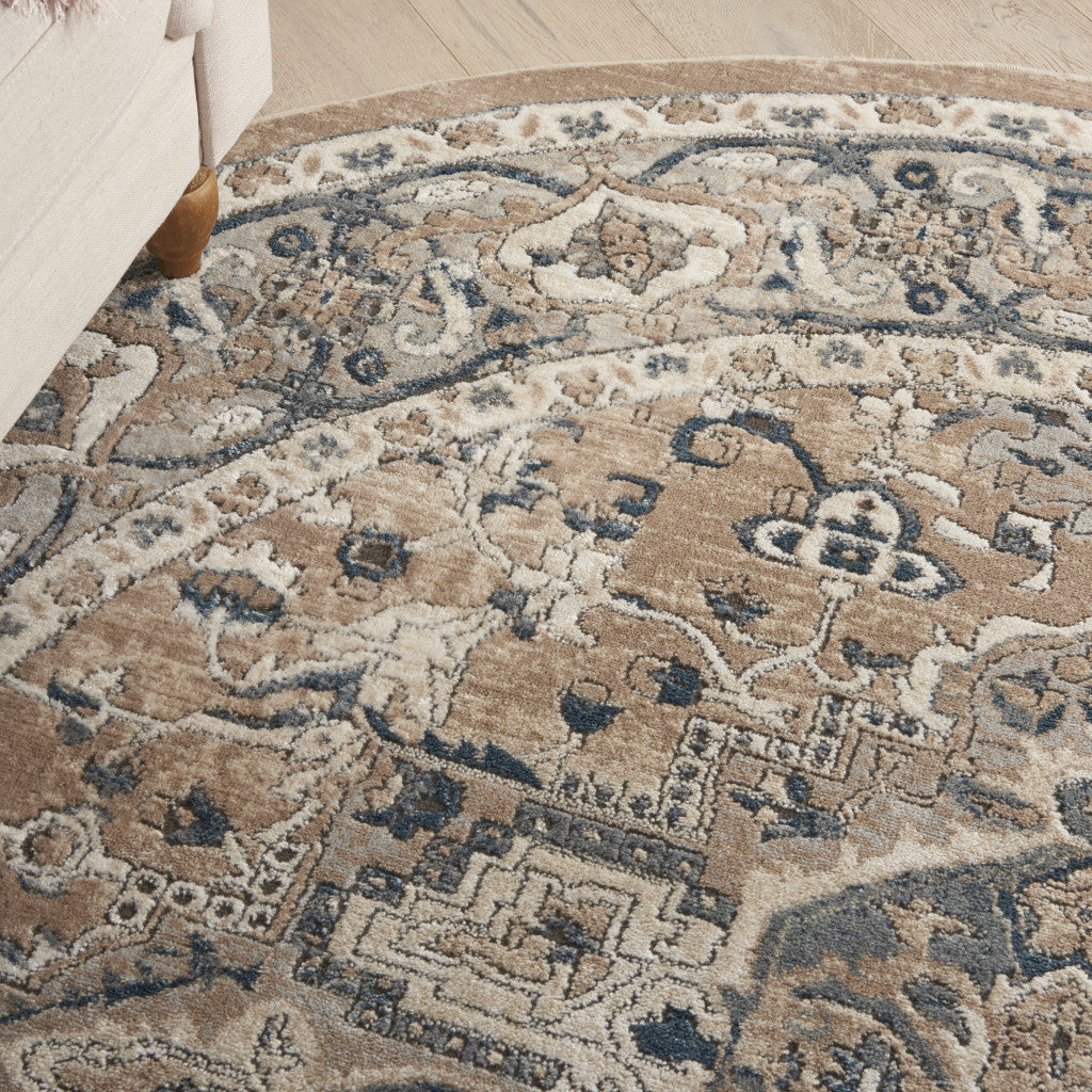 8' X 8' Beige And Grey Round Oriental Power Loom Non Skid Area Rug