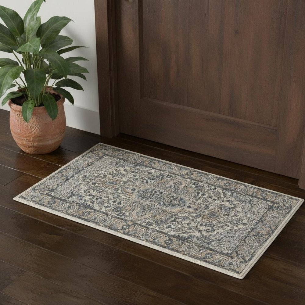 2' X 4' Ivory And Grey Oriental Non Skid Area Rug