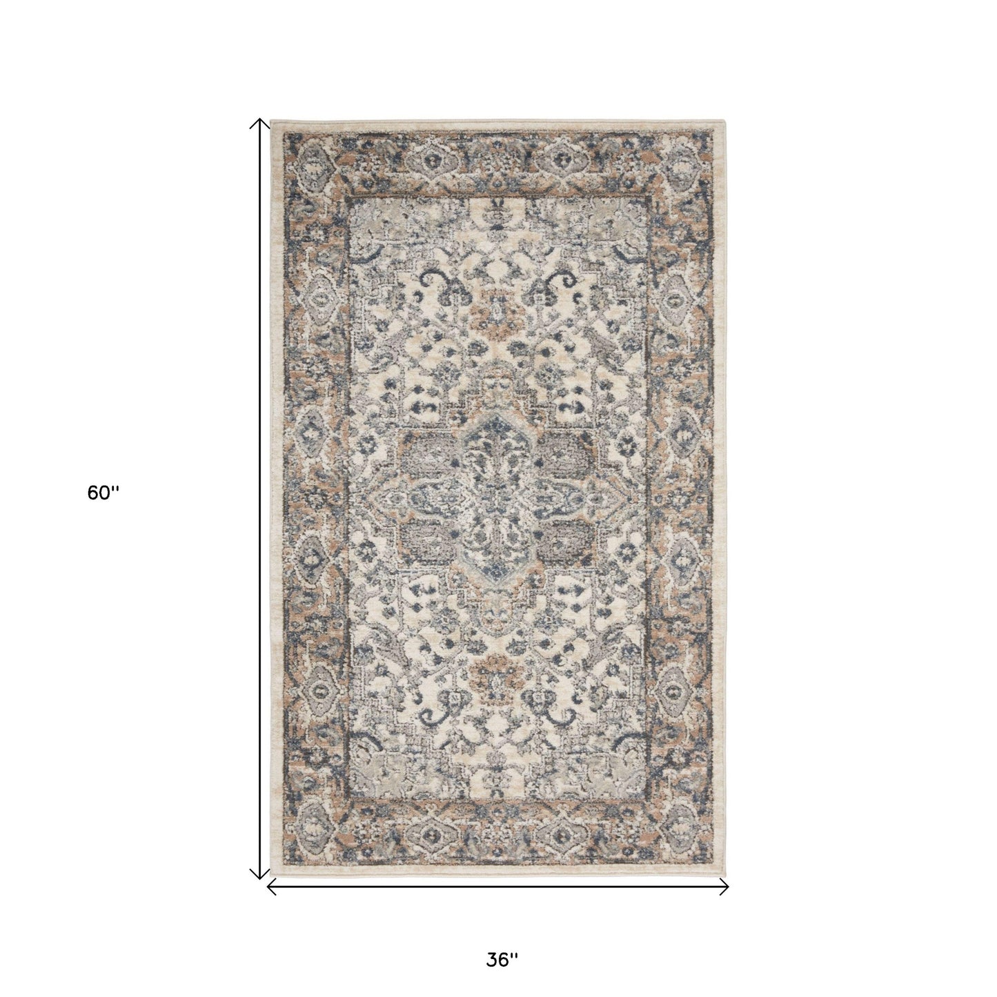 3' X 5' Ivory And Grey Oriental Power Loom Non Skid Area Rug