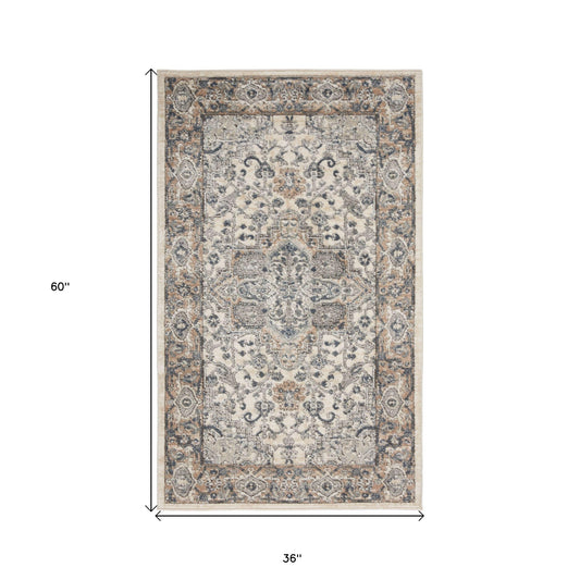 3' X 5' Ivory And Grey Oriental Power Loom Non Skid Area Rug