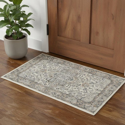 3' X 5' Ivory And Grey Oriental Power Loom Non Skid Area Rug