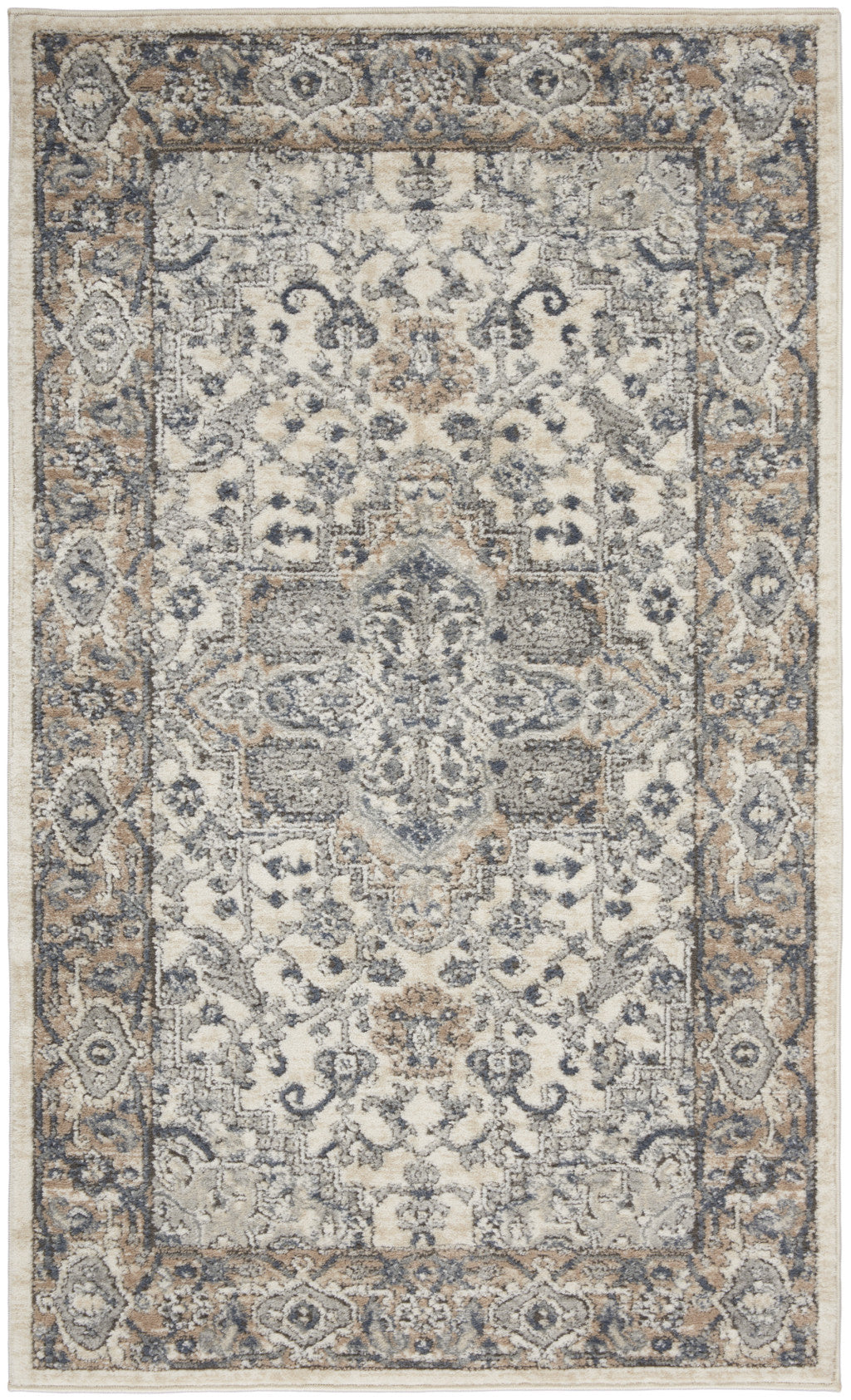 3' X 5' Ivory And Grey Oriental Power Loom Non Skid Area Rug