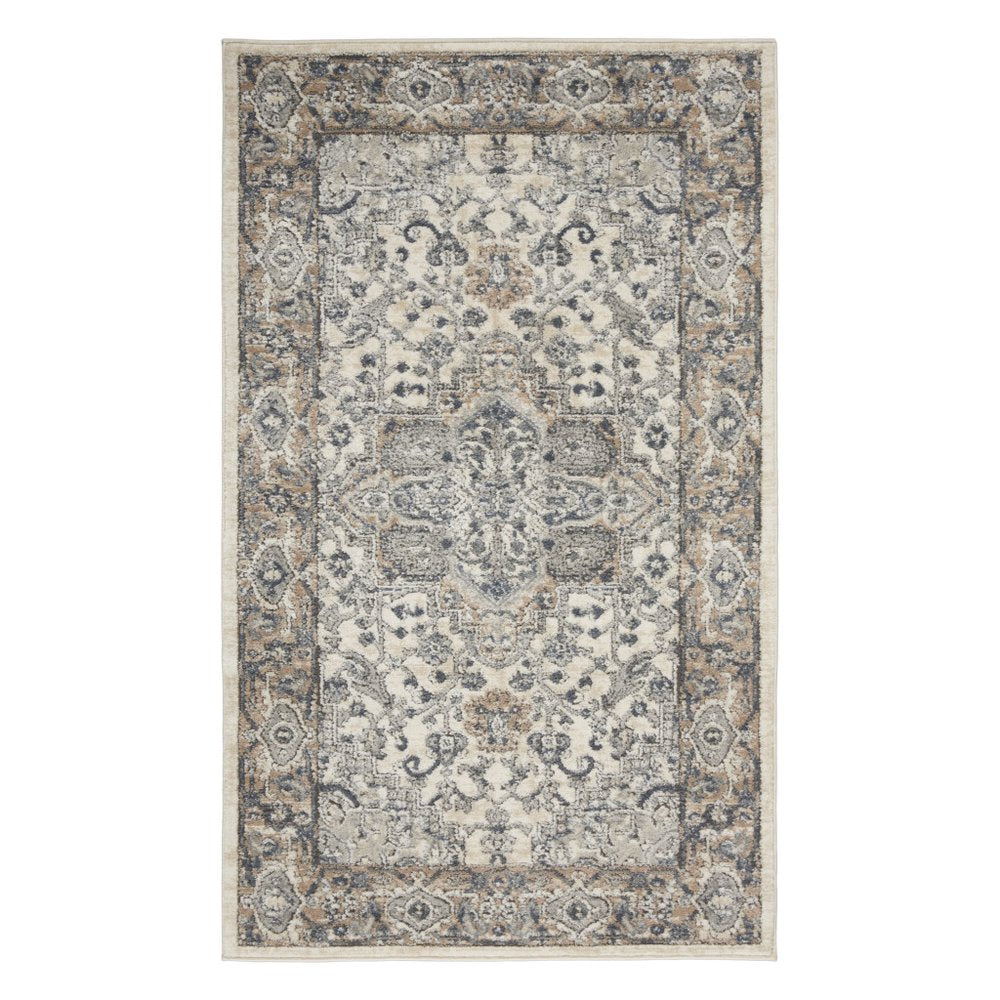3' X 5' Ivory And Grey Oriental Power Loom Non Skid Area Rug
