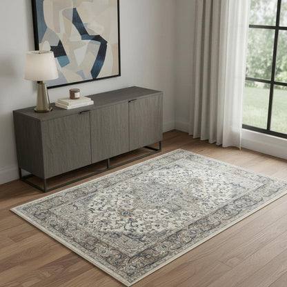 4' X 6' Ivory And Grey Oriental Power Loom Non Skid Area Rug