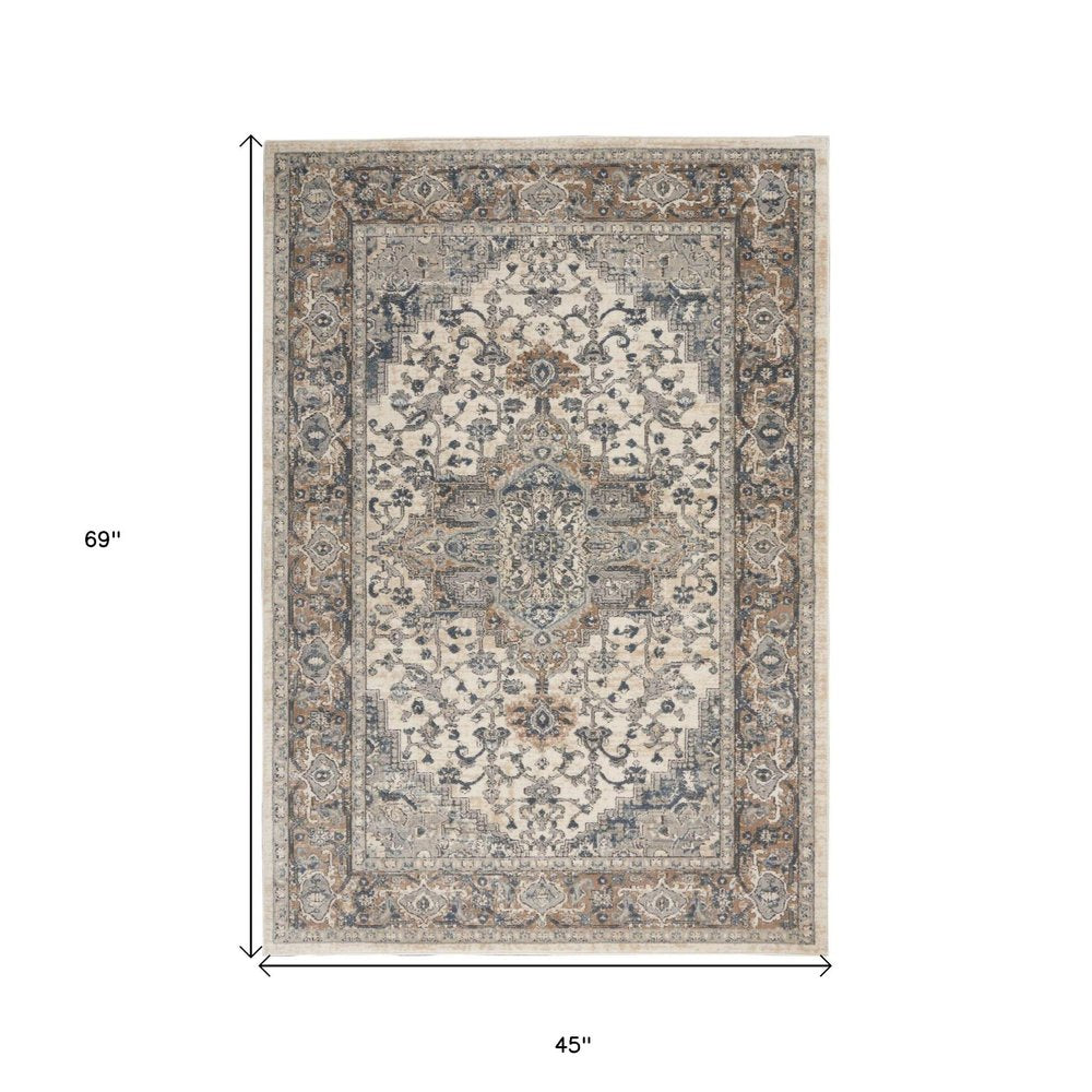 4' X 6' Ivory And Grey Oriental Power Loom Non Skid Area Rug