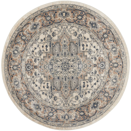 4' Ivory And Grey Round Oriental Power Loom Non Skid Area Rug