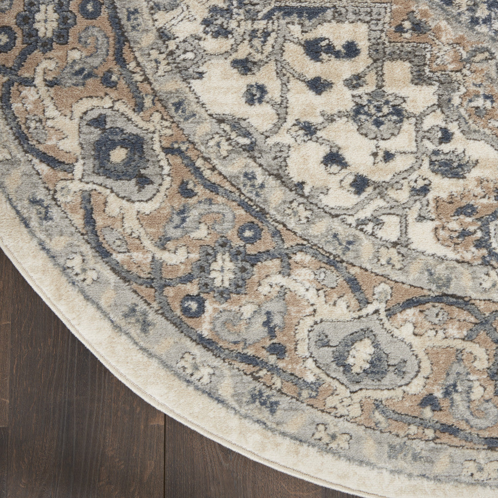 4' Ivory And Grey Round Oriental Power Loom Non Skid Area Rug