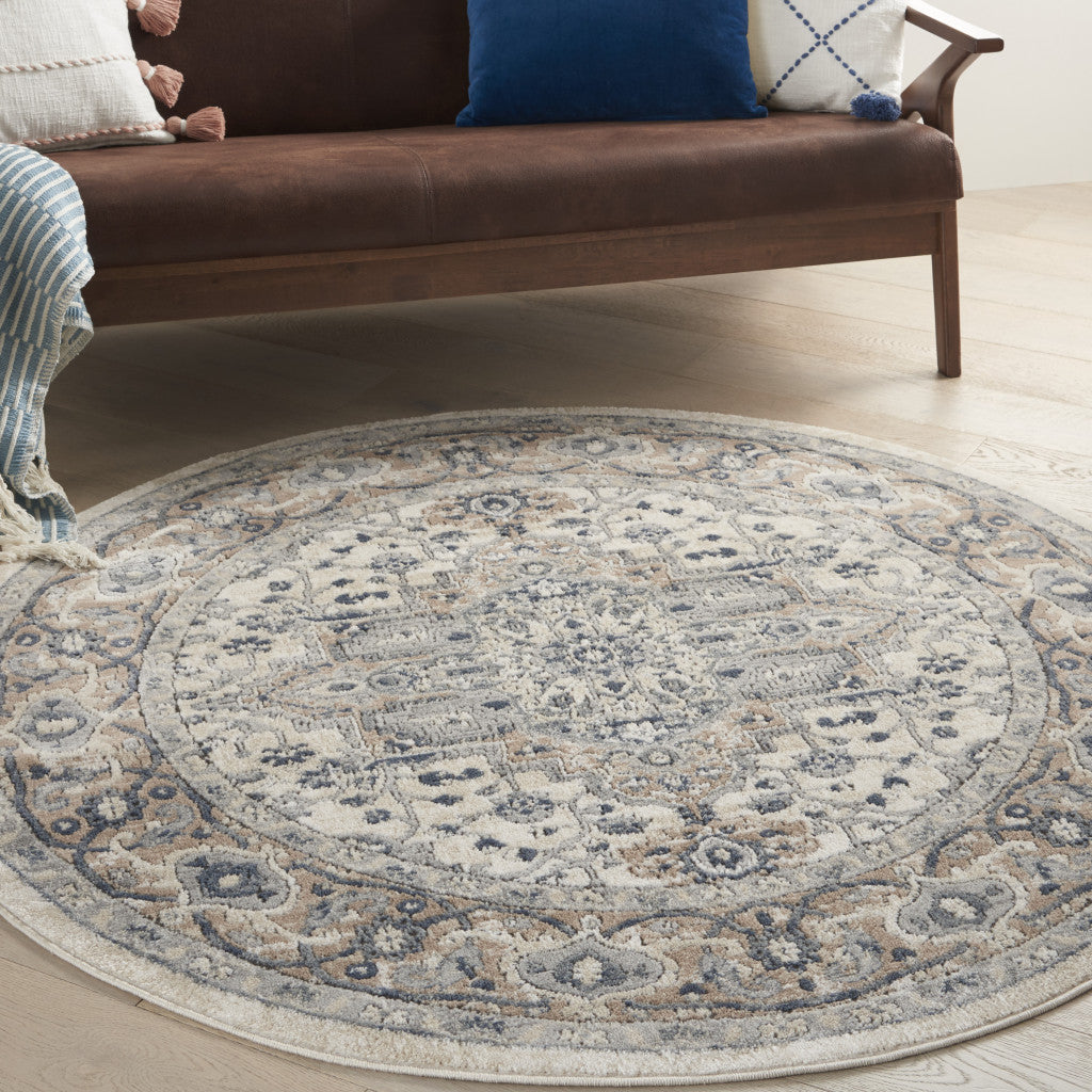 4' Ivory And Grey Round Oriental Power Loom Non Skid Area Rug