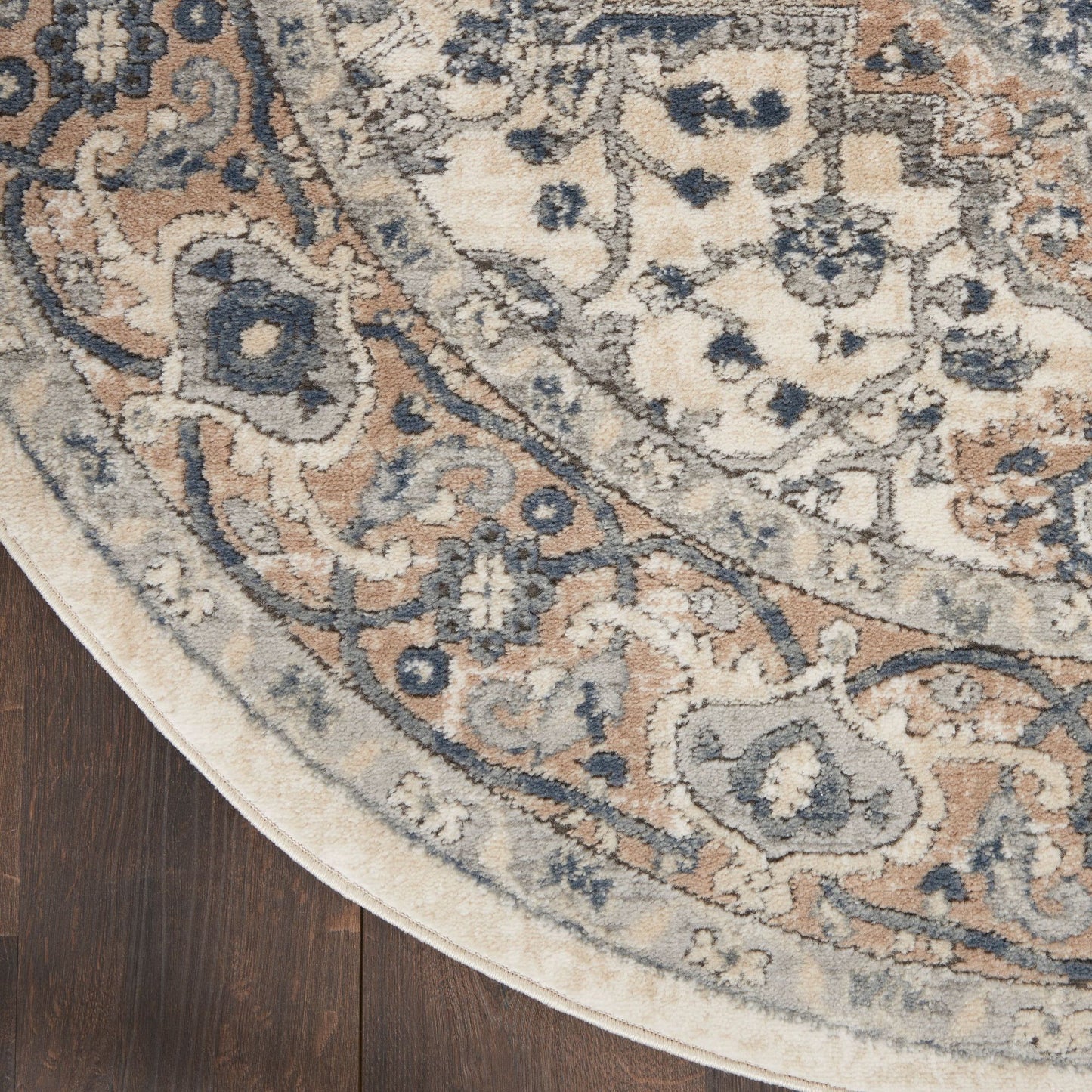 4' Ivory And Grey Round Oriental Power Loom Non Skid Area Rug