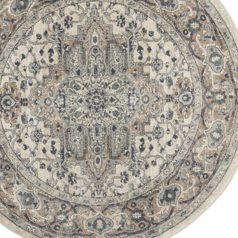 4' Ivory And Grey Round Oriental Power Loom Non Skid Area Rug