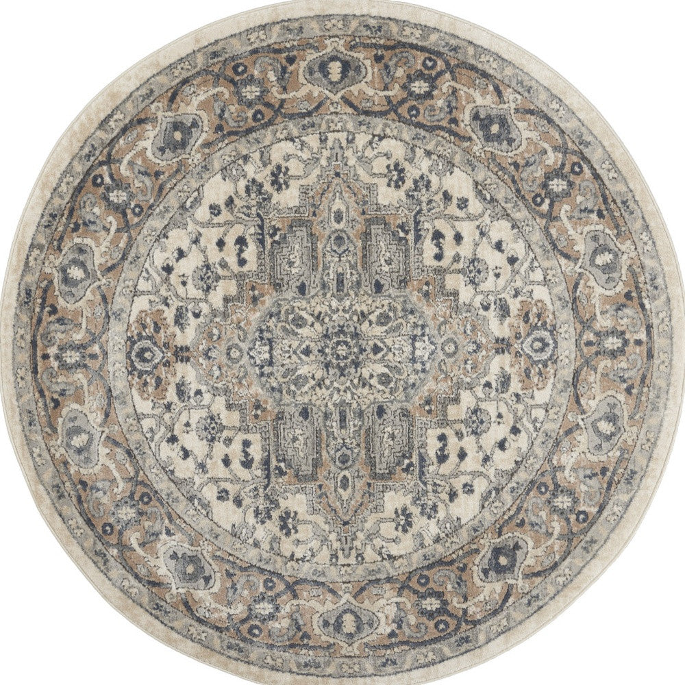 4' Ivory And Grey Round Oriental Power Loom Non Skid Area Rug