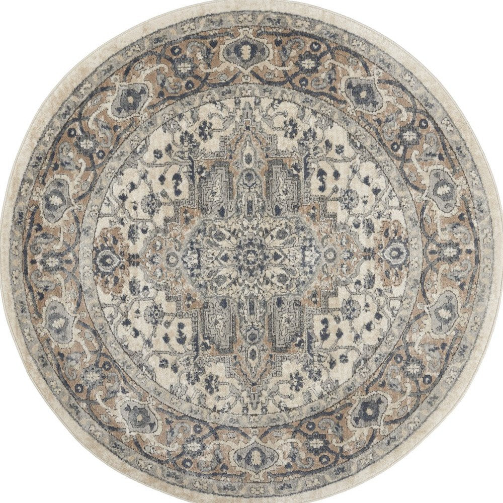 4' Ivory And Gray Oriental Distressed Round Rug