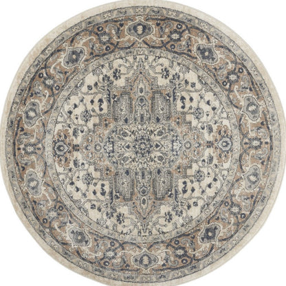 4' Ivory And Gray Oriental Distressed Round Rug