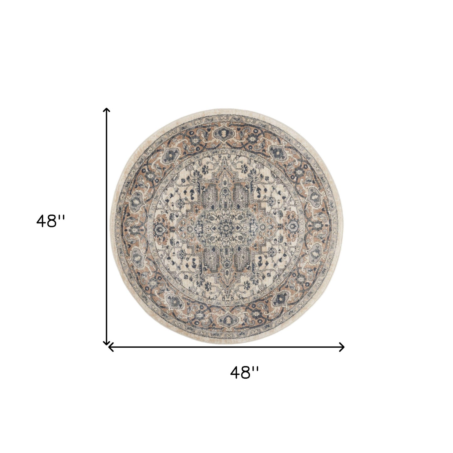 4' Ivory And Grey Round Oriental Power Loom Non Skid Area Rug