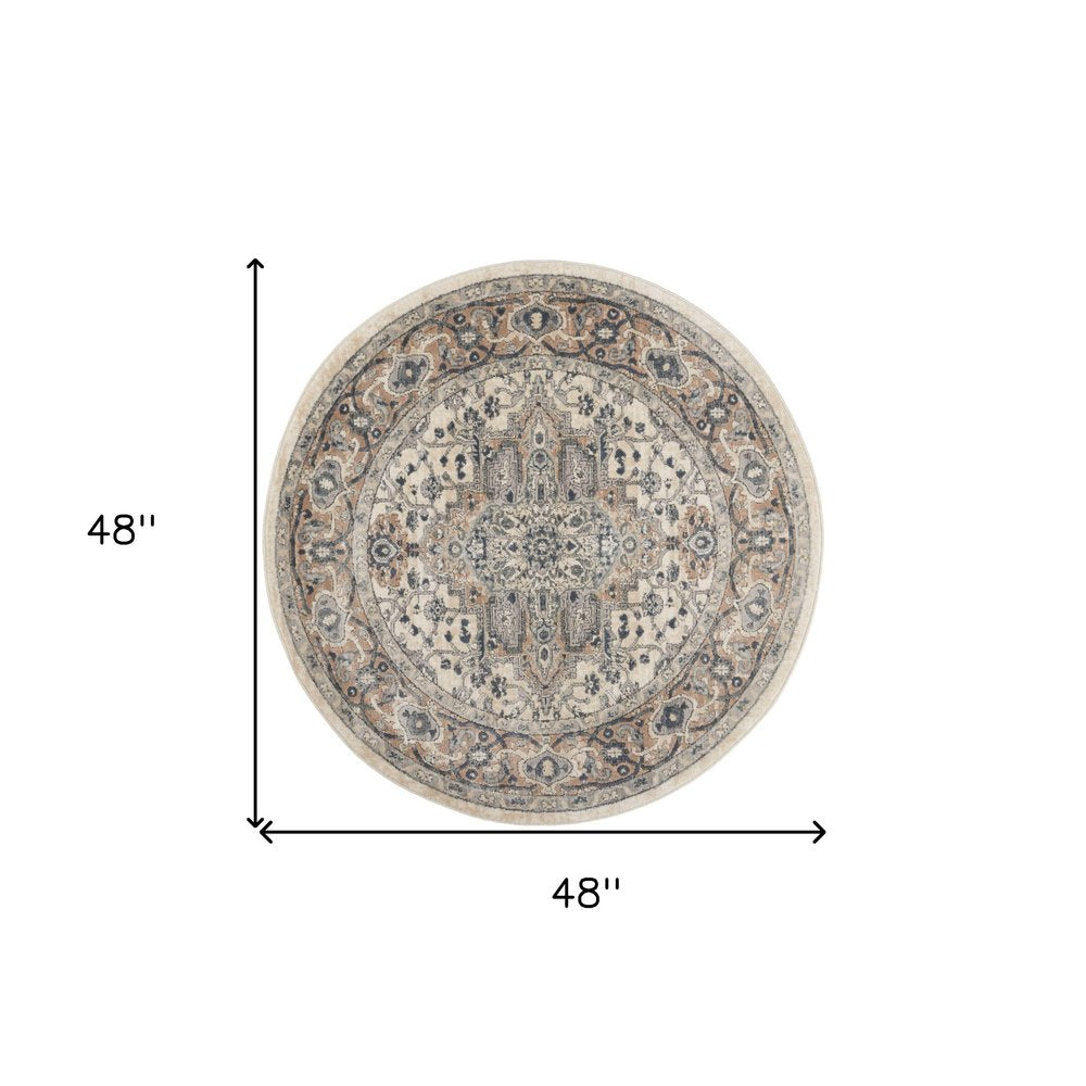 4' Ivory And Gray Oriental Distressed Round Rug