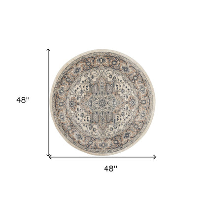 4' Ivory And Gray Oriental Distressed Round Rug