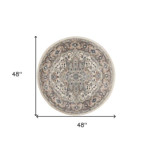 4' Ivory And Gray Oriental Distressed Round Rug