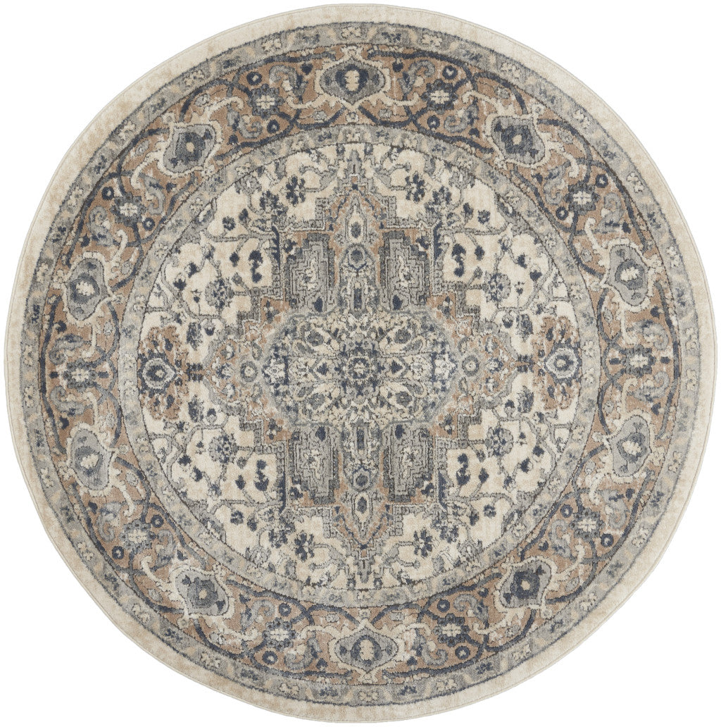 4' Ivory And Grey Round Oriental Power Loom Non Skid Area Rug