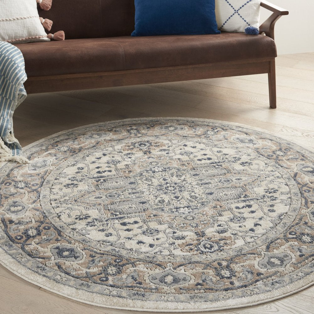 4' Ivory And Gray Oriental Distressed Round Rug