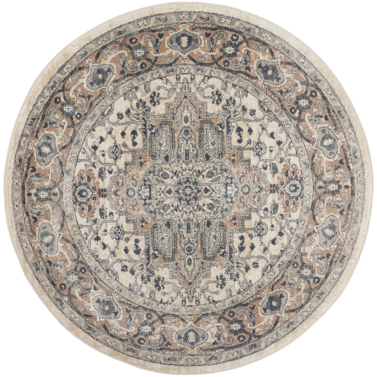 5' X 5' Ivory And Grey Round Oriental Non Skid Area Rug