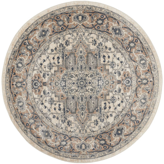5' X 5' Ivory And Grey Round Oriental Non Skid Area Rug