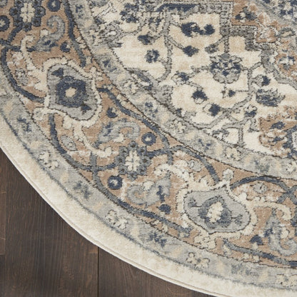 5' X 5' Ivory And Grey Round Oriental Non Skid Area Rug