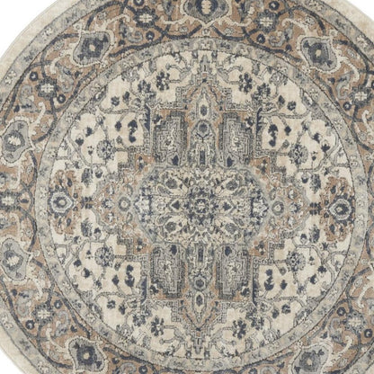 5' X 5' Ivory And Grey Round Oriental Non Skid Area Rug