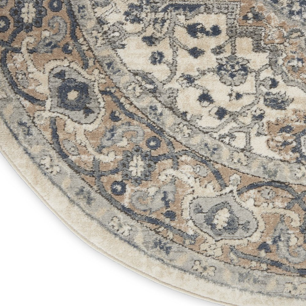 5' X 5' Ivory And Grey Round Oriental Non Skid Area Rug