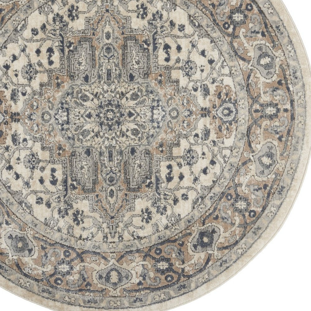 5' X 5' Ivory And Grey Round Oriental Non Skid Area Rug