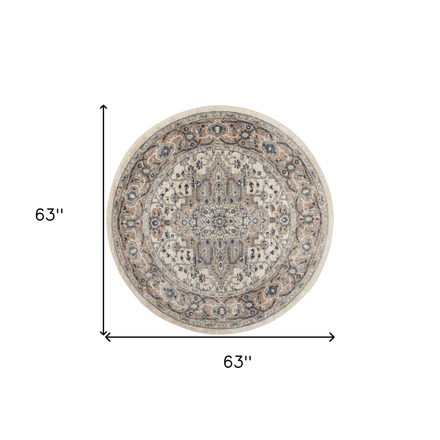 5' X 5' Ivory And Grey Round Oriental Non Skid Area Rug