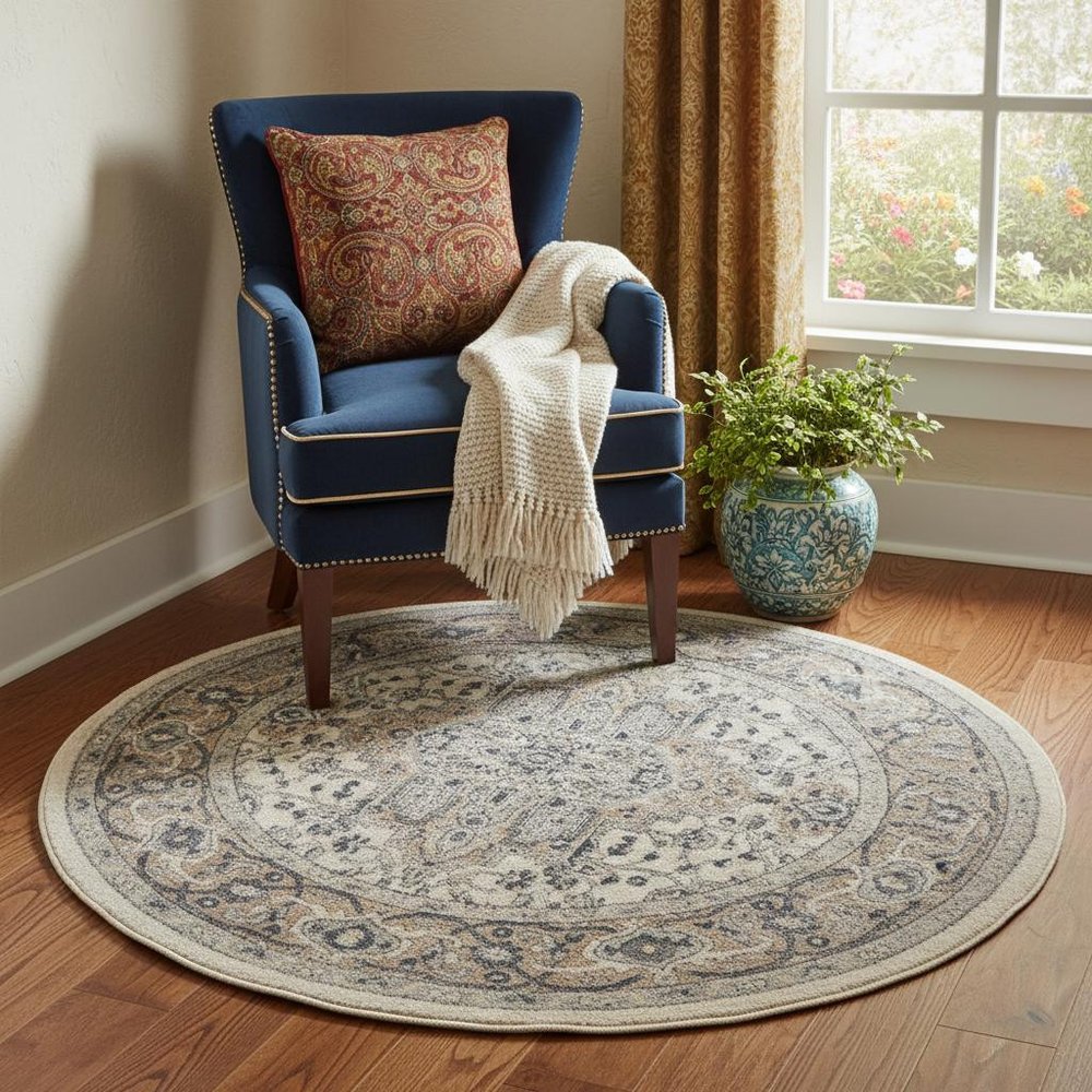 5' X 5' Ivory And Grey Round Oriental Non Skid Area Rug