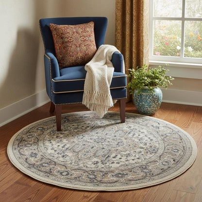 5' X 5' Ivory And Grey Round Oriental Non Skid Area Rug