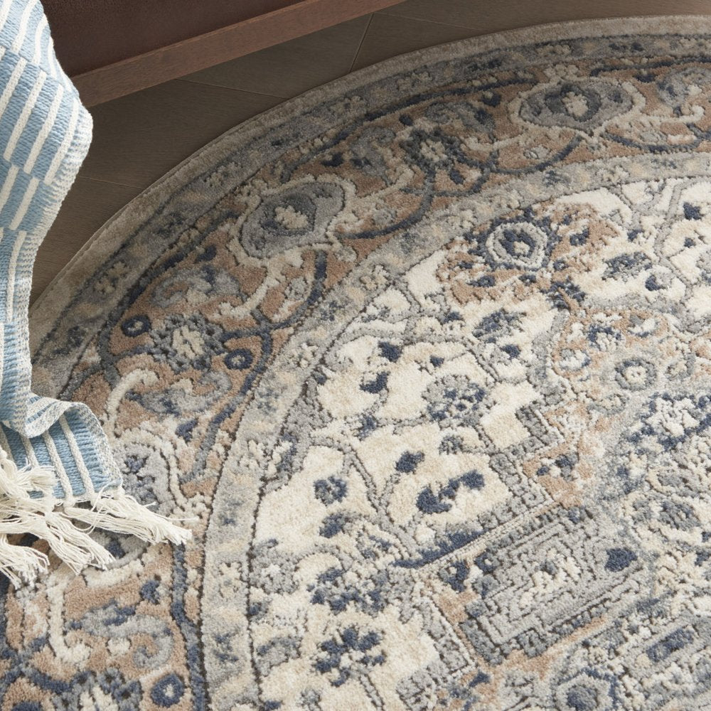 5' X 5' Ivory And Grey Round Oriental Non Skid Area Rug