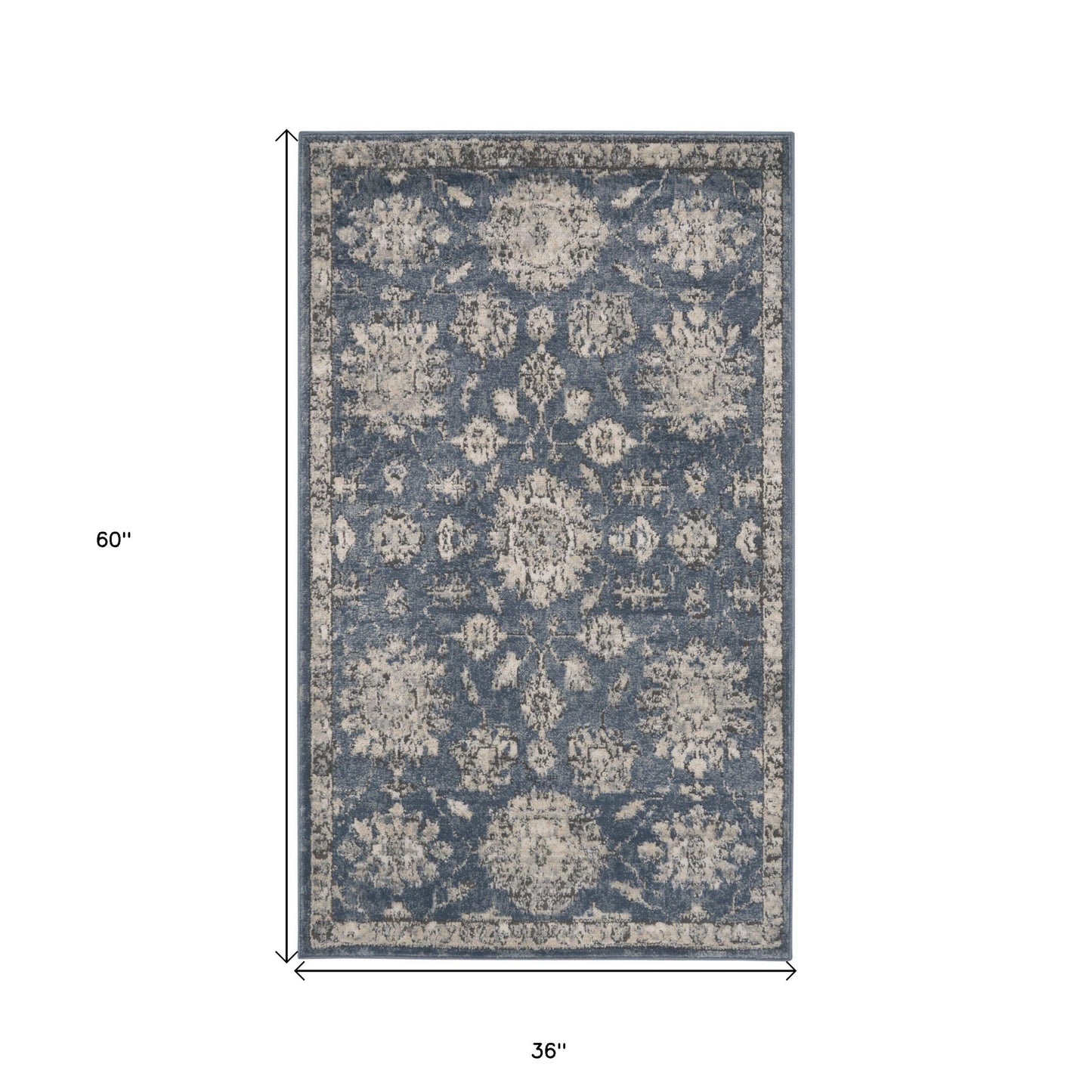 3' X 5' Blue And Beige Oriental Power Loom Non Skid Area Rug