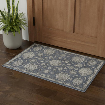 3' X 5' Blue And Beige Oriental Power Loom Non Skid Area Rug