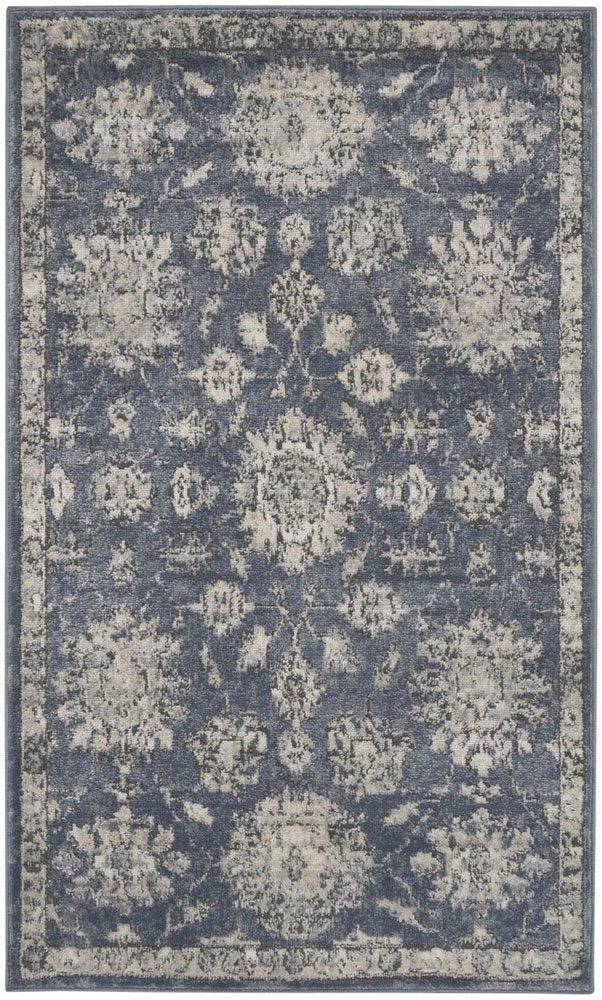 3' X 5' Blue And Beige Oriental Power Loom Non Skid Area Rug