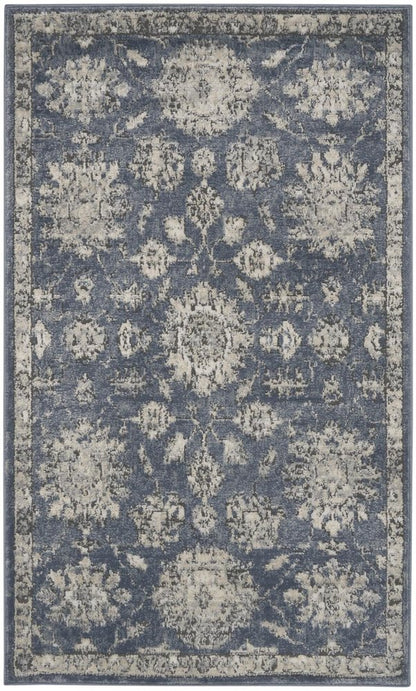 3' X 5' Blue And Beige Oriental Power Loom Non Skid Area Rug
