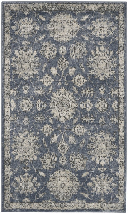 3' X 5' Blue And Beige Oriental Power Loom Non Skid Area Rug